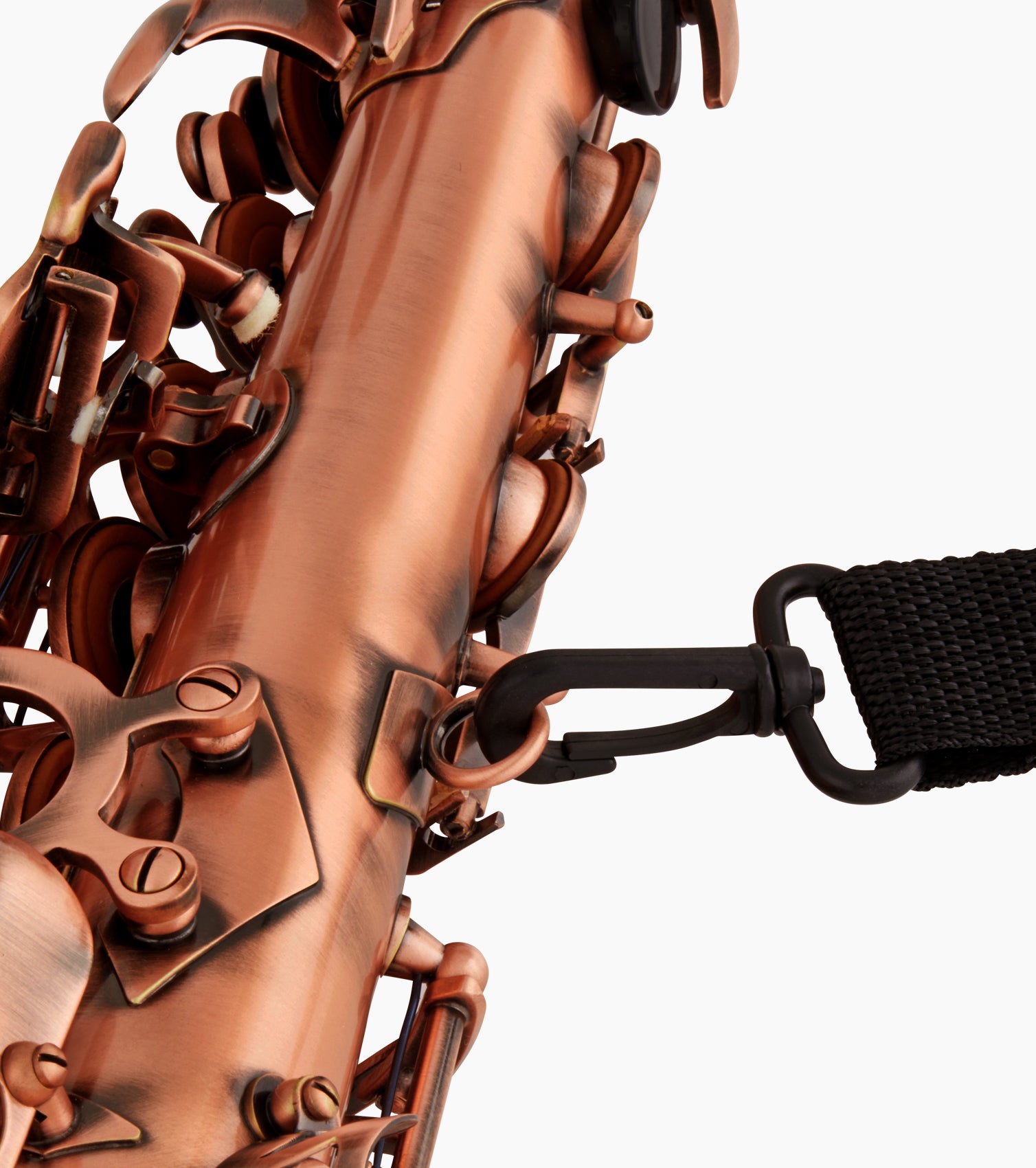 close-up of red e flat alto sax strap