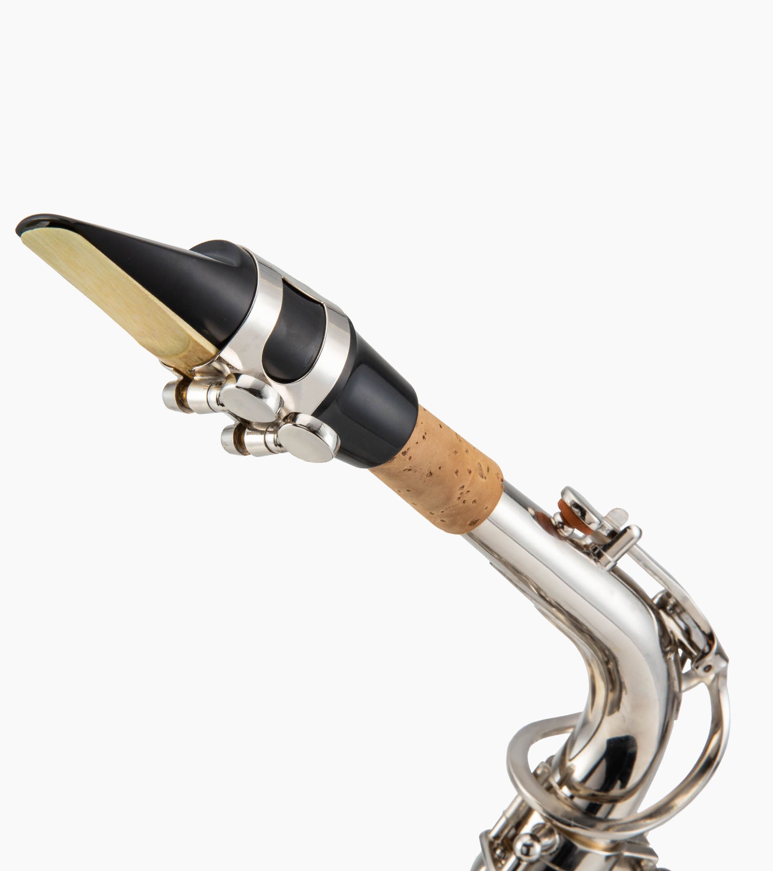 close-up of nickel e flat alto sax mouthpiece