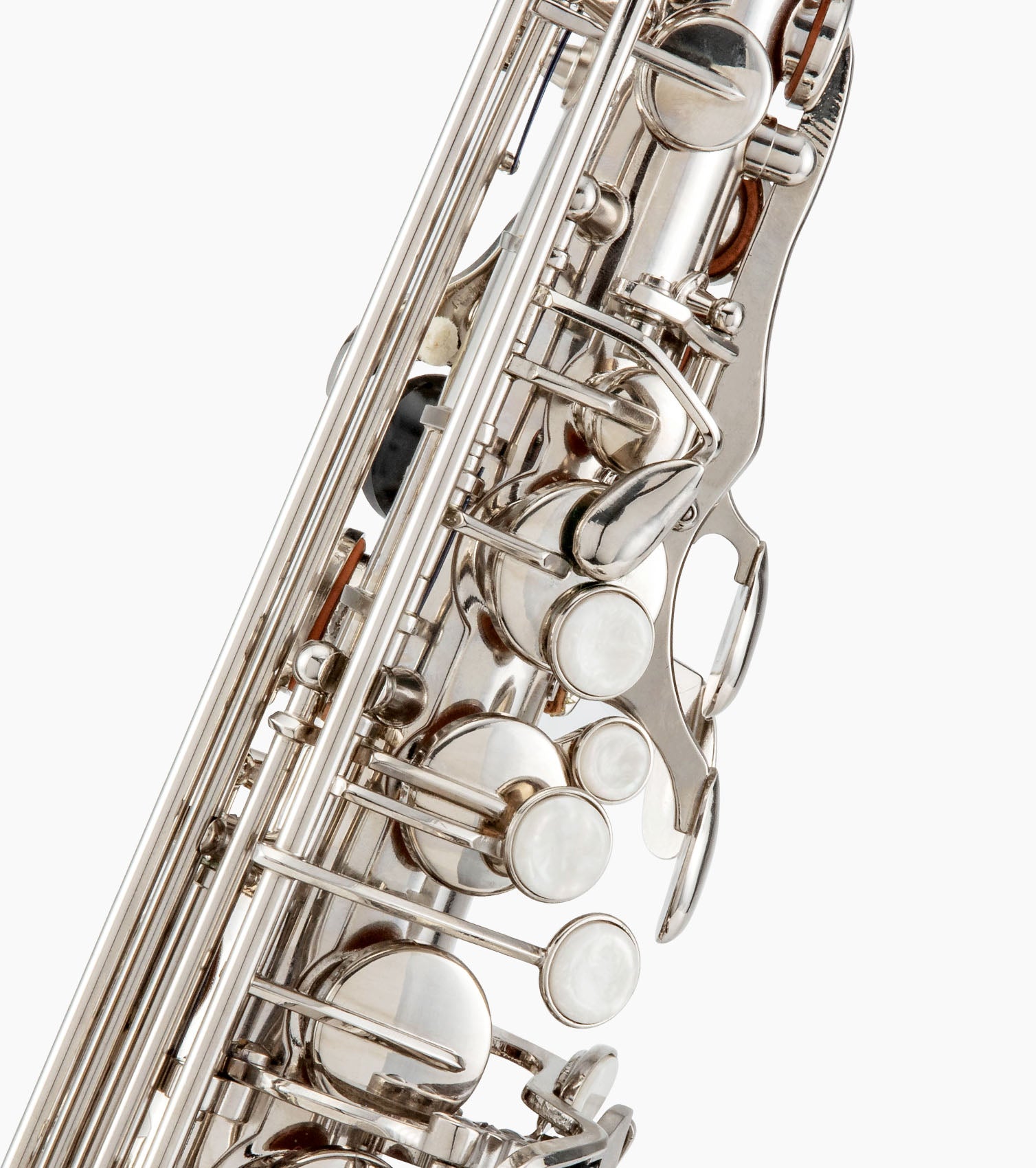 close-up of nickel e flat alto sax mother-of-pearl inlays