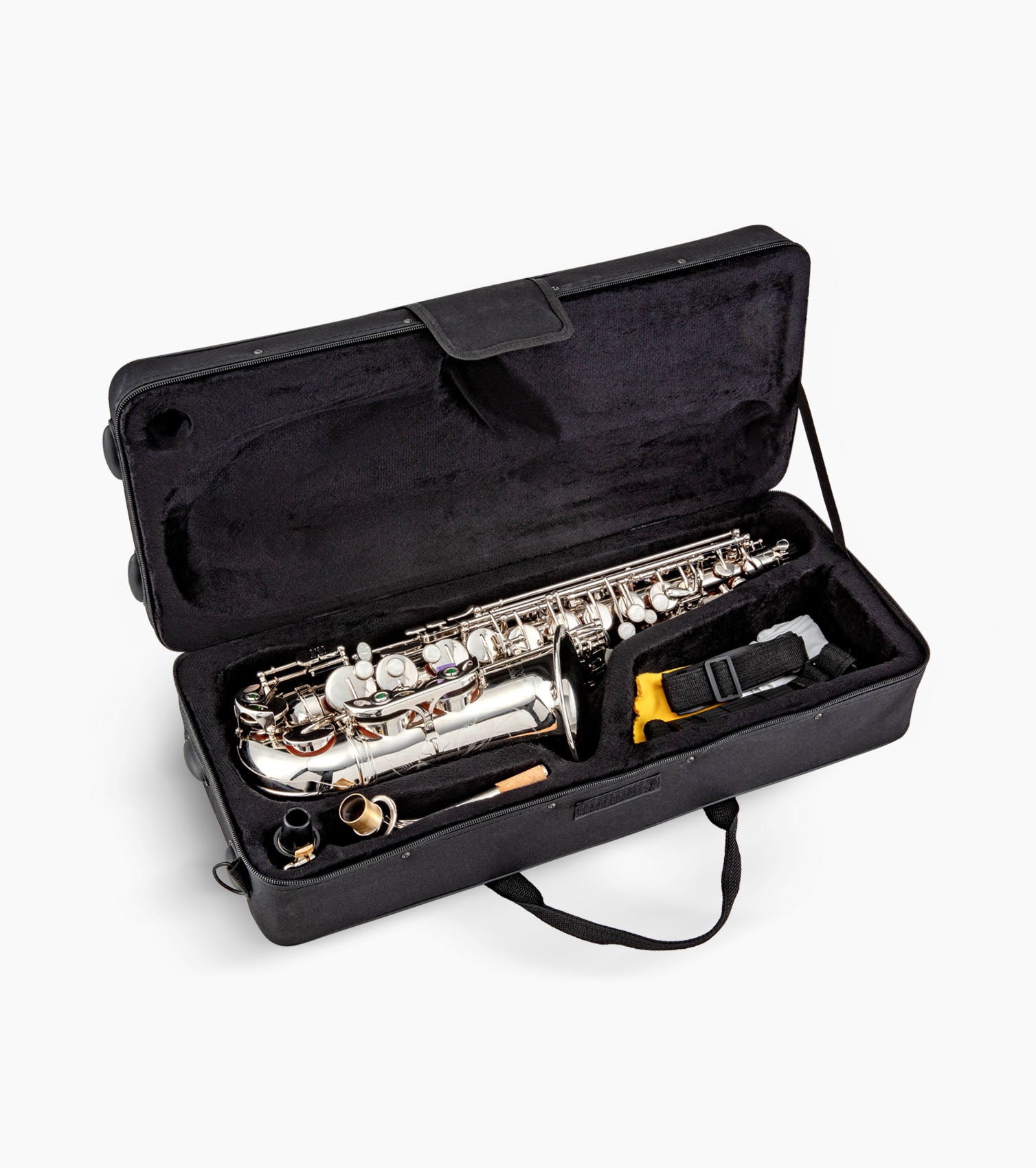 nickel e flat alto sax in an open case