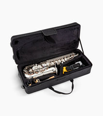 nickel e flat alto sax in an open case