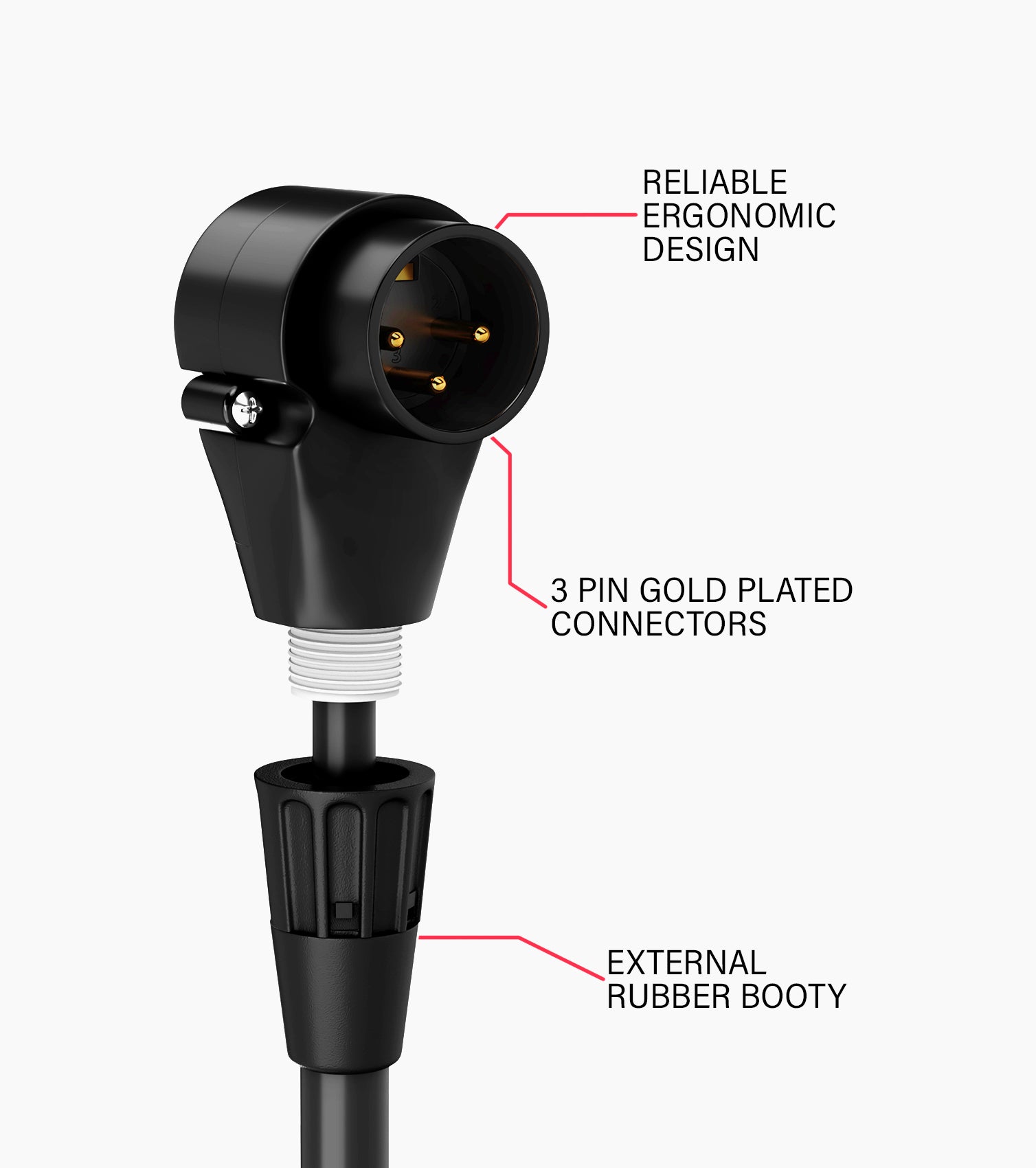 close-up of 1.5ft angled male to female black XLR cable connector