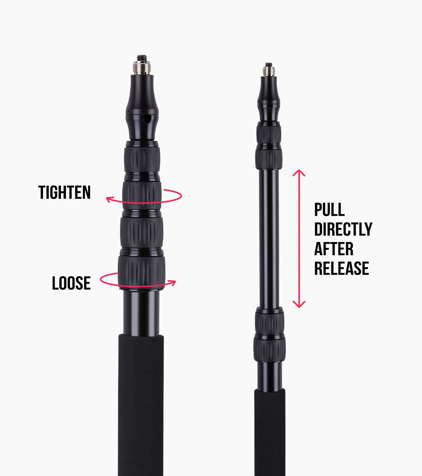 close-up of telescoping microphone boom pole section locks