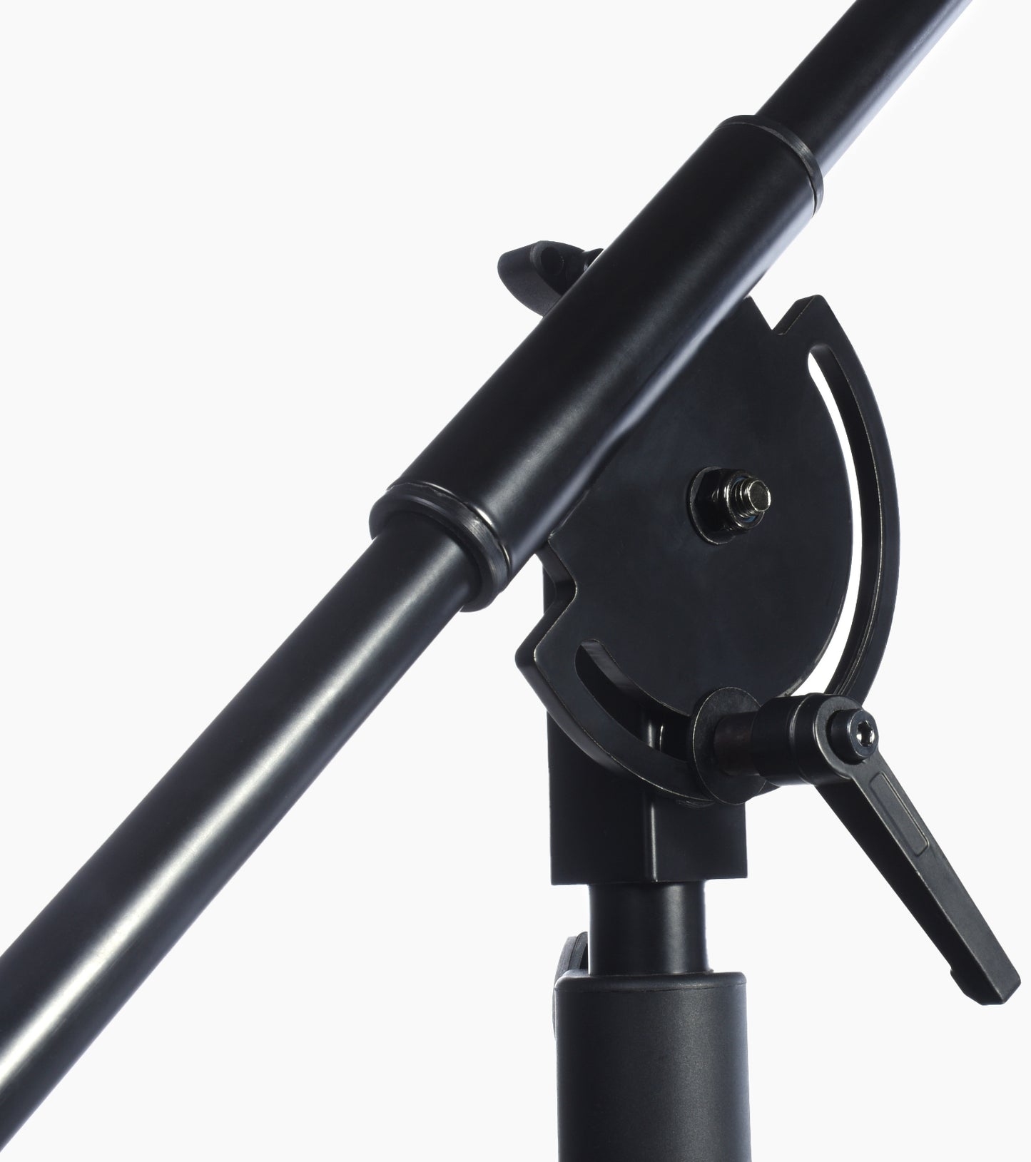close-up of adjustable setting on tripod mic stand with telescoping boom and wheels