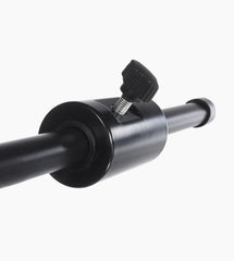 close-up of tripod mic stand with telescoping boom and wheels