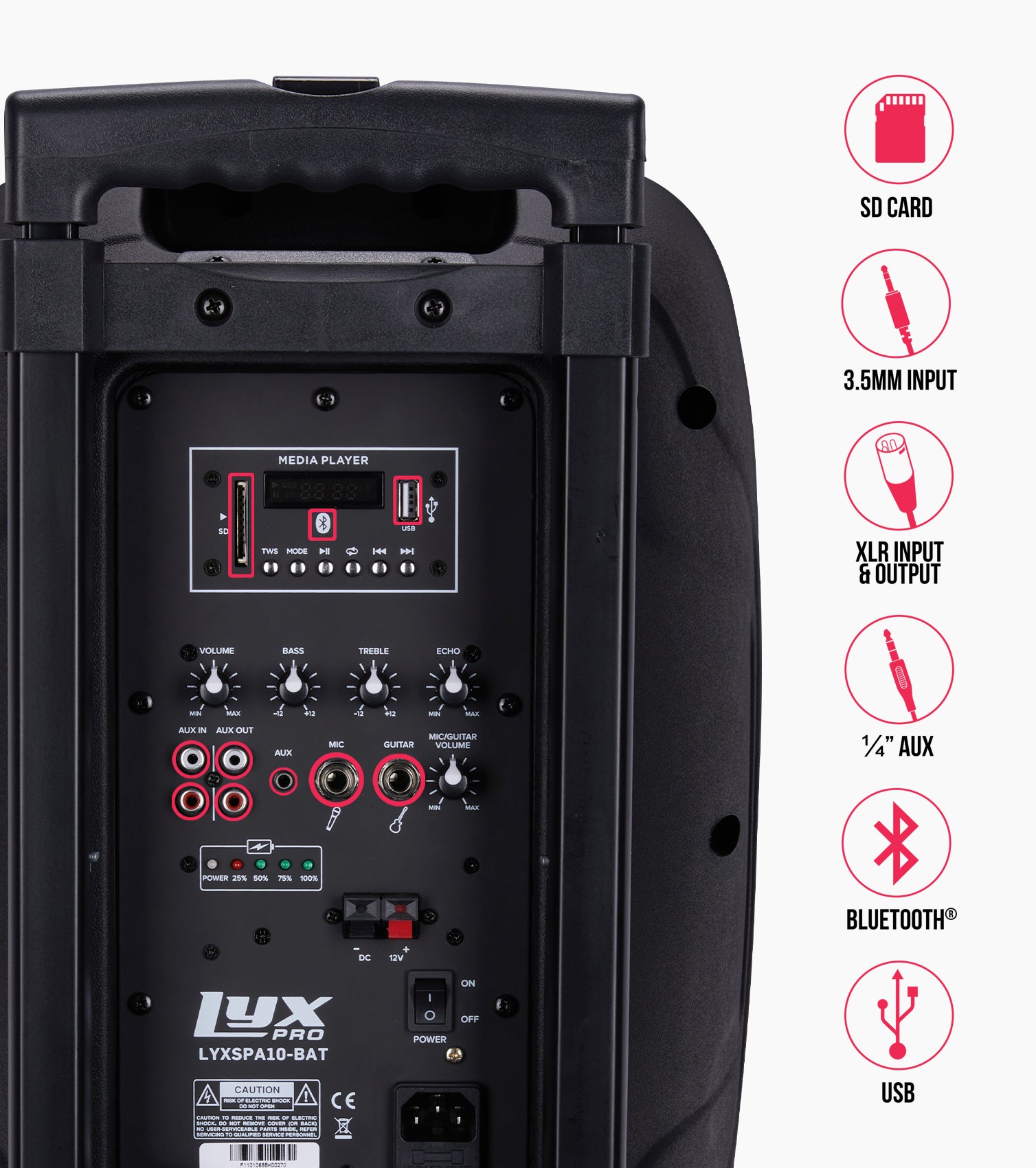 10” portable battery-powered PA speaker control panel