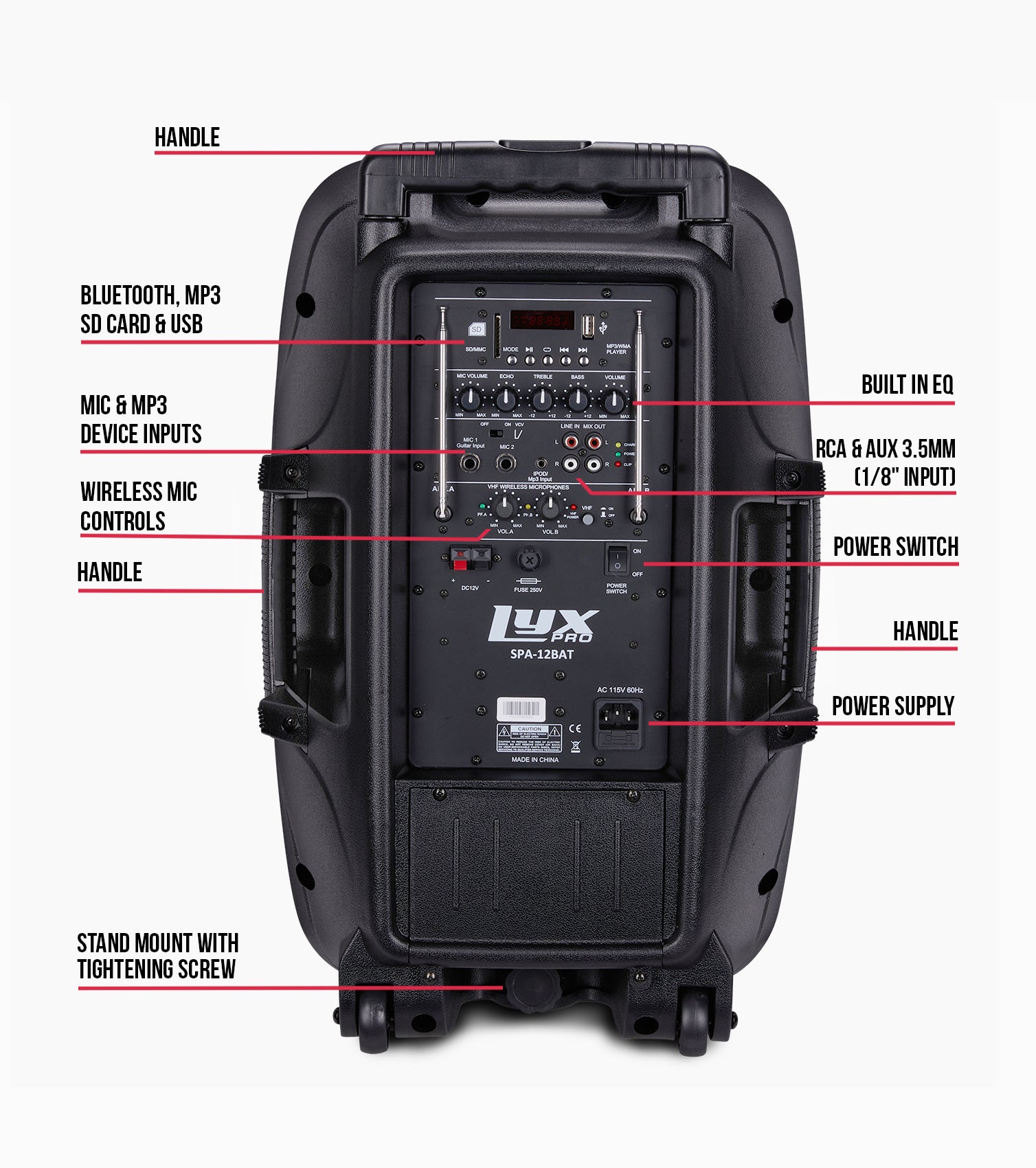 12” portable battery-powered PA speaker rear overview