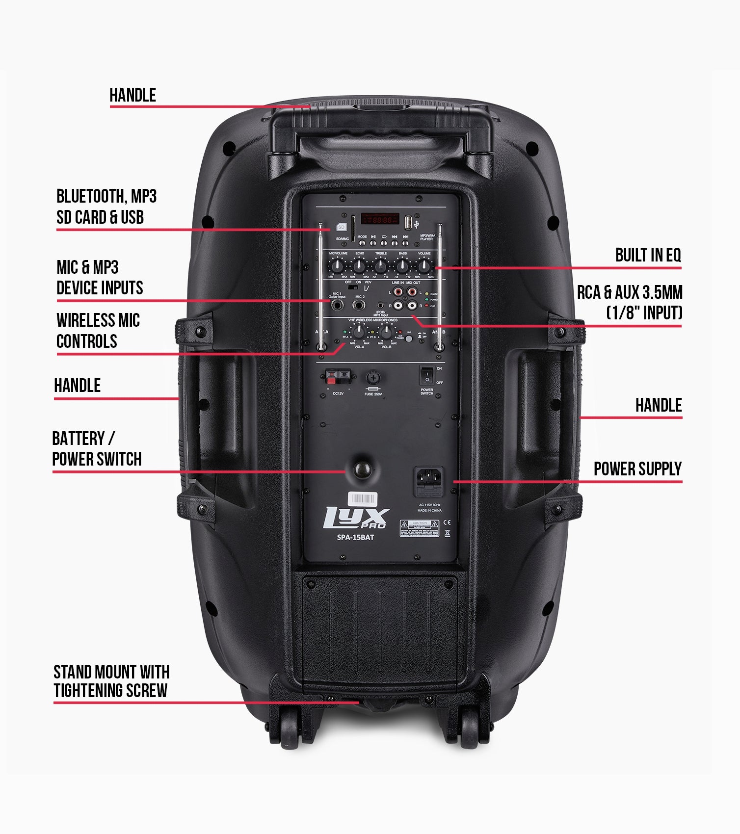 15” portable battery-powered PA speaker rear overview