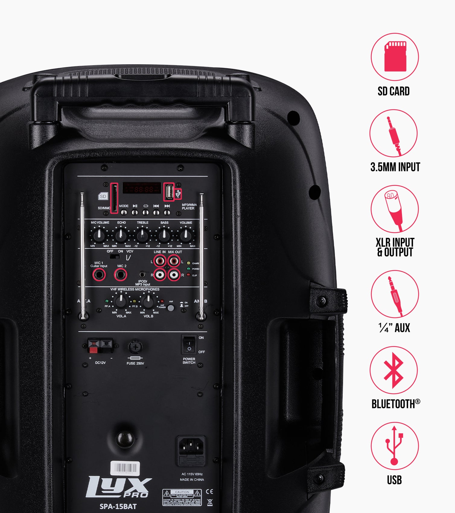 15” portable battery-powered PA speaker control panel