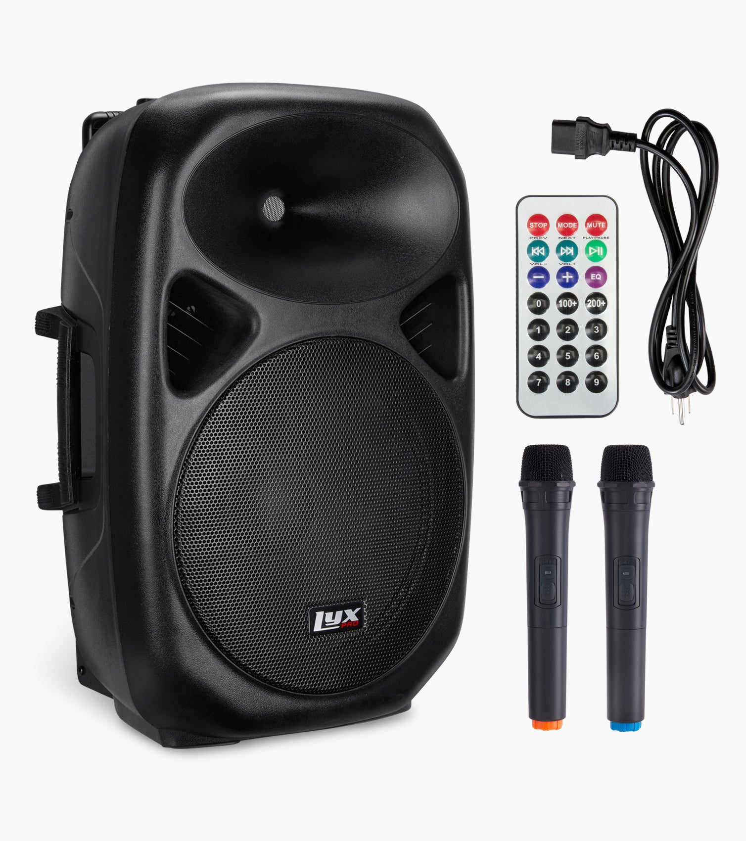 15” portable battery-powered PA speaker, cord, and remote