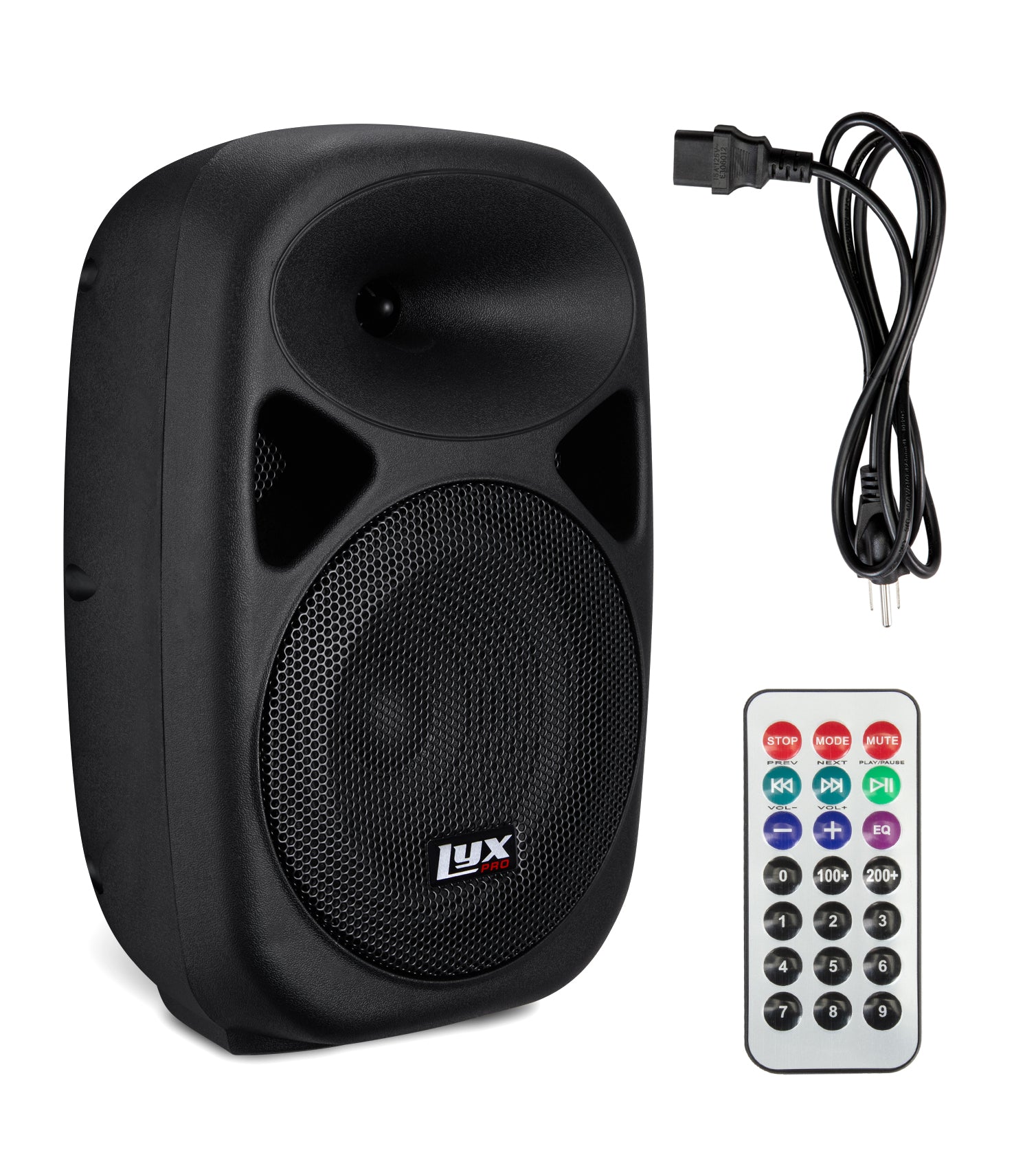 8” portable battery-powered PA speaker, cord, and remote
