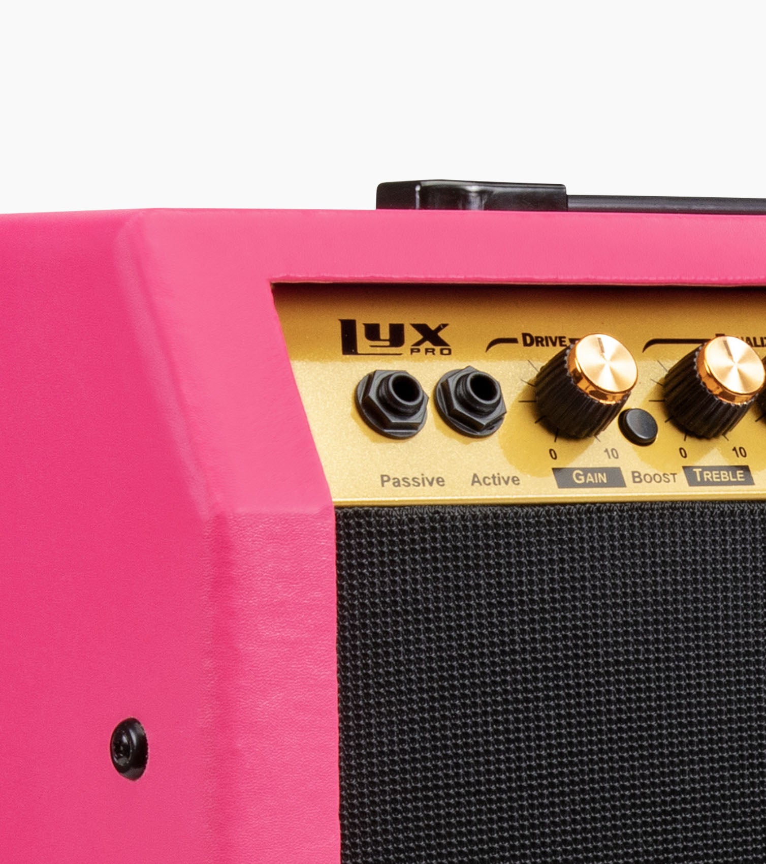 close-up of pink 60-watt beginner guitar amp controls 