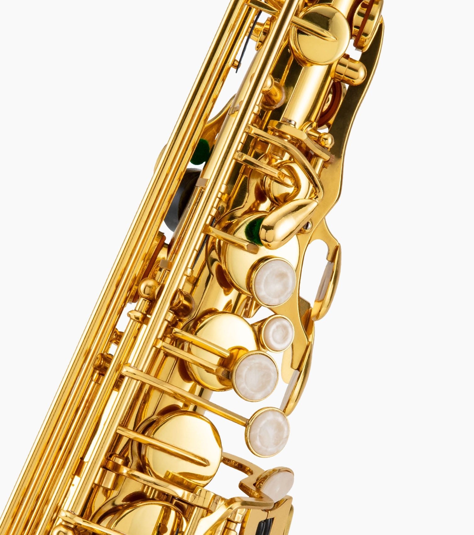 close-up of gold e flat alto sax mother-of-pearl inlays