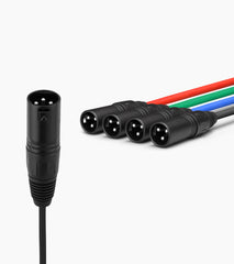 close-up of 4-channel male XLR to CAT6 network cable connectors 