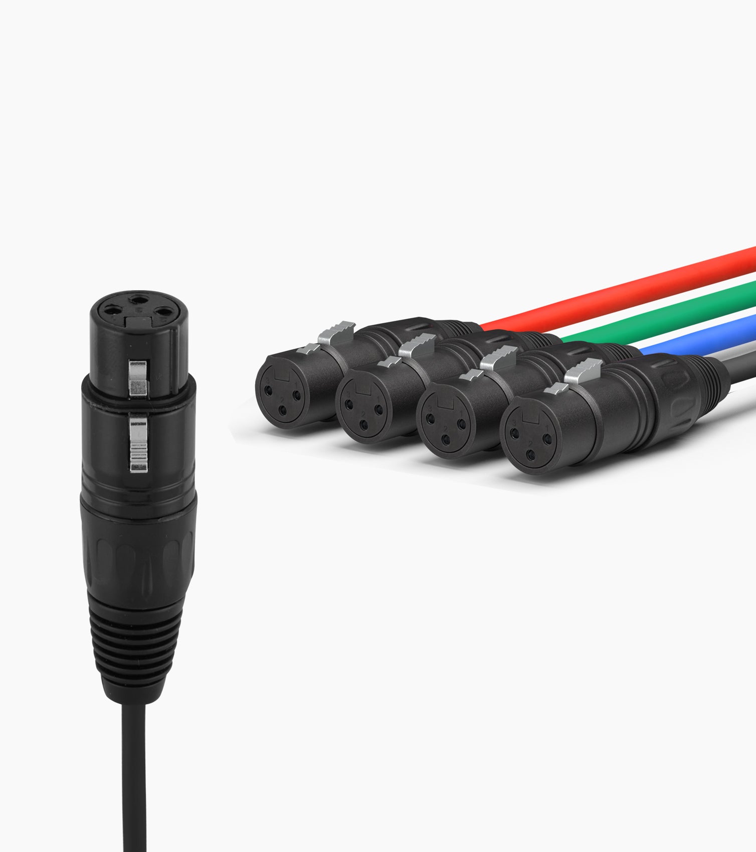 close-up of 4-channel female XLR to CAT6 network cable connectors 