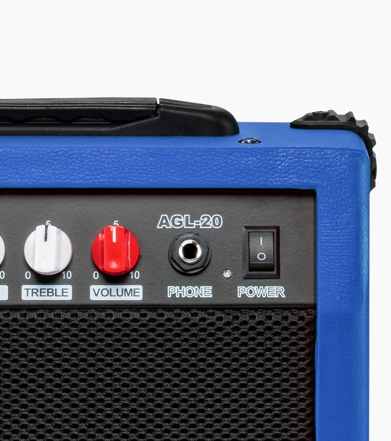 close-up of blue 20 watt electric guitar amplifier controls