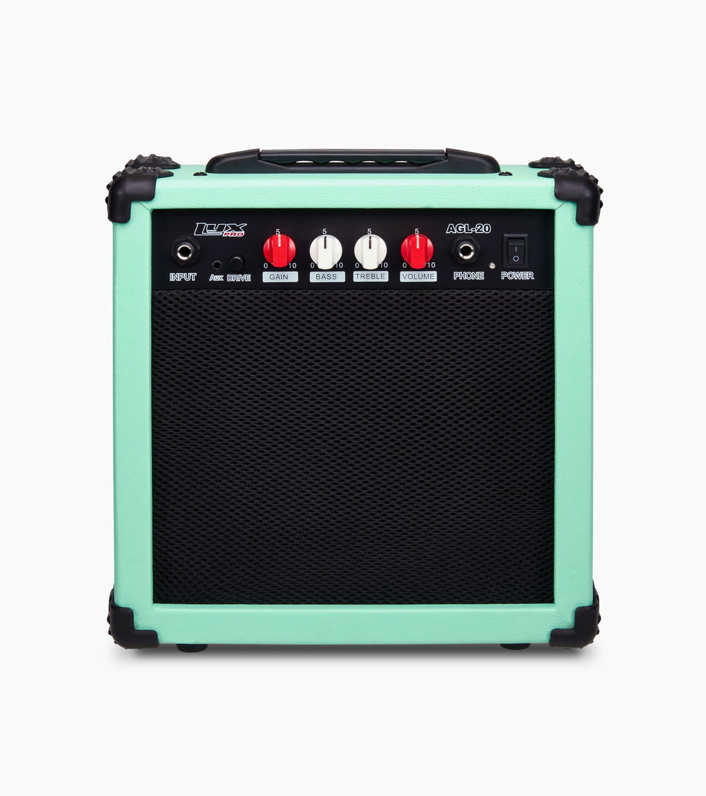frontal view of green 20 watt electric guitar amplifier