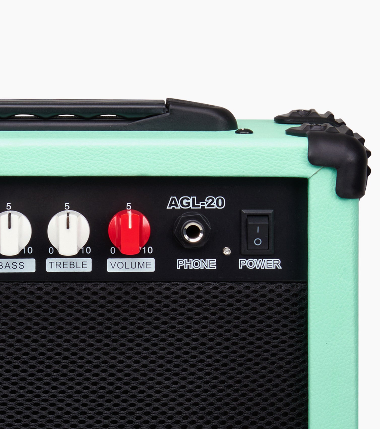 close-up of green 20 watt electric guitar amplifier controls