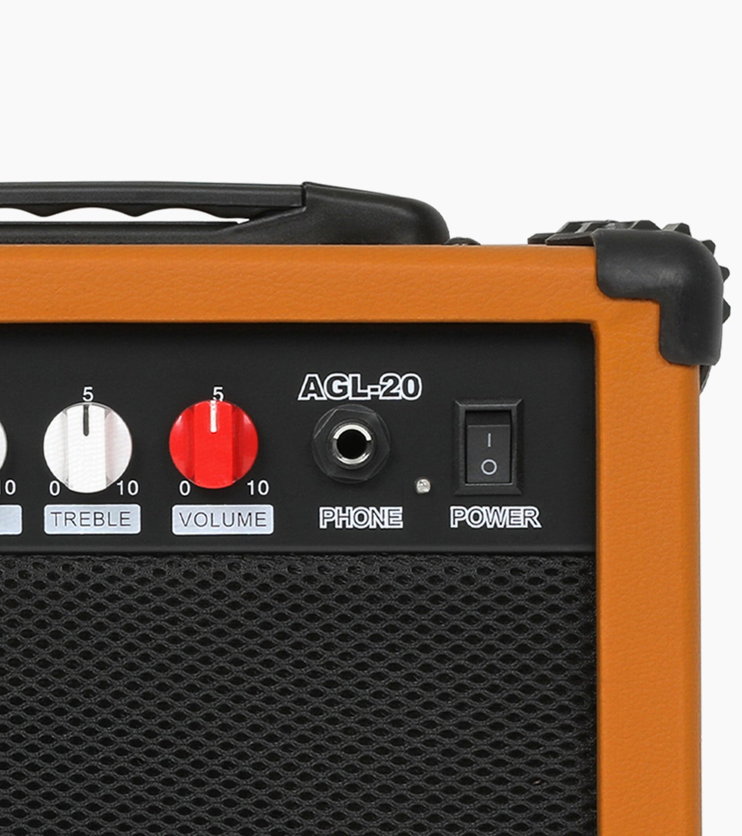 close-up of Mahogany 20 watt electric guitar amplifier controls