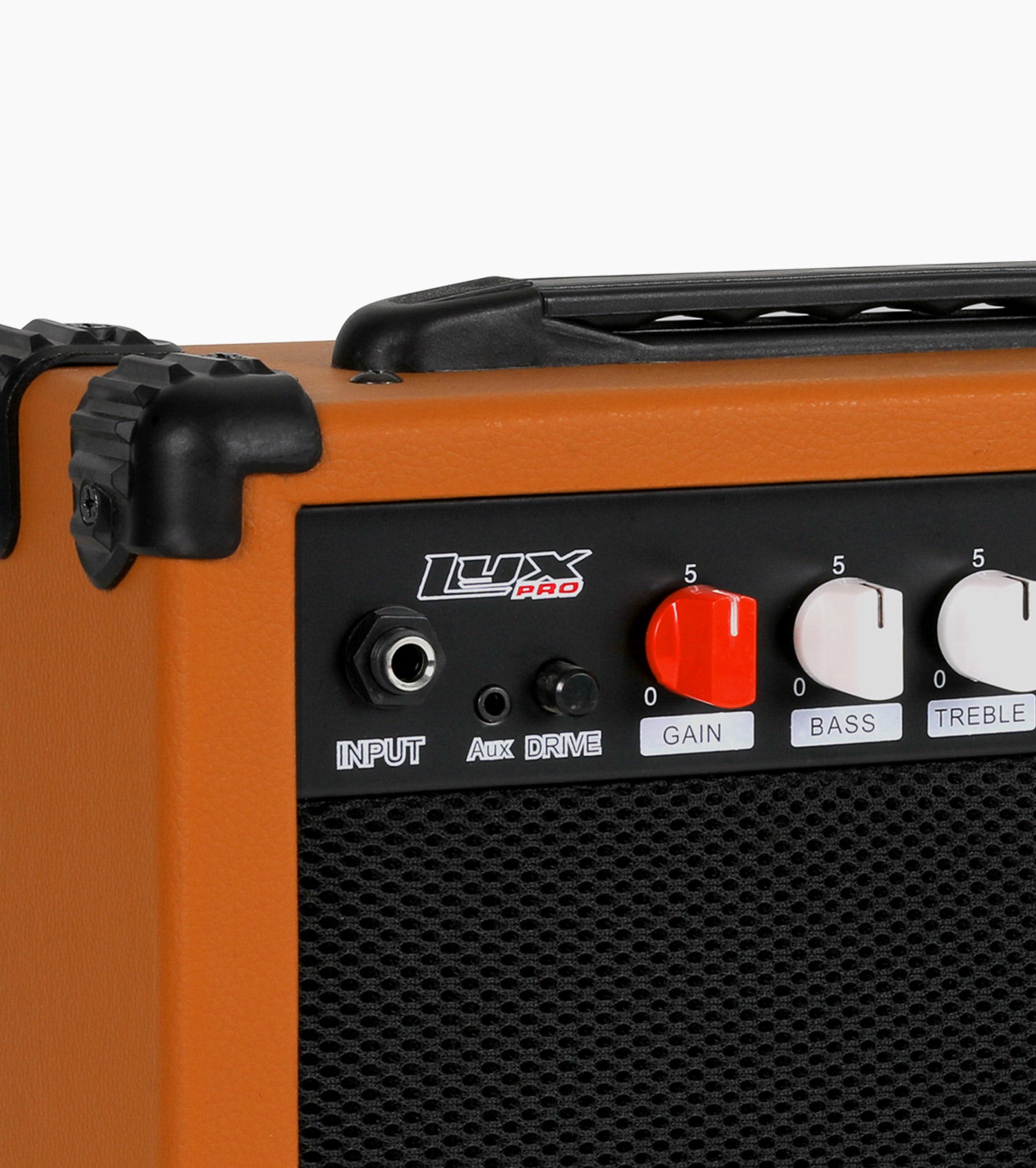 close-up of mahogany 20 watt electric guitar amplifier controls