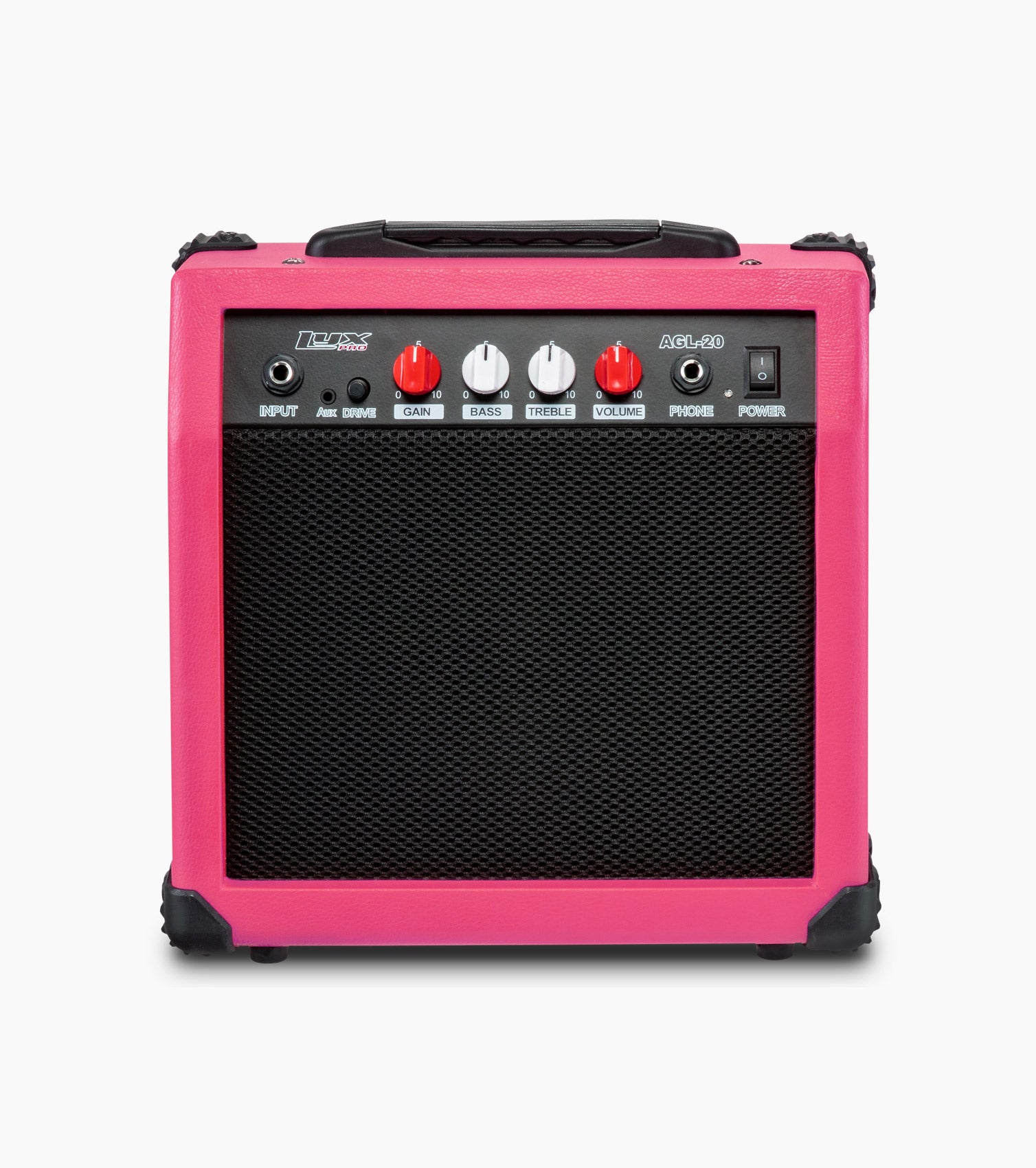 frontal view of pink 20 watt electric guitar amplifier