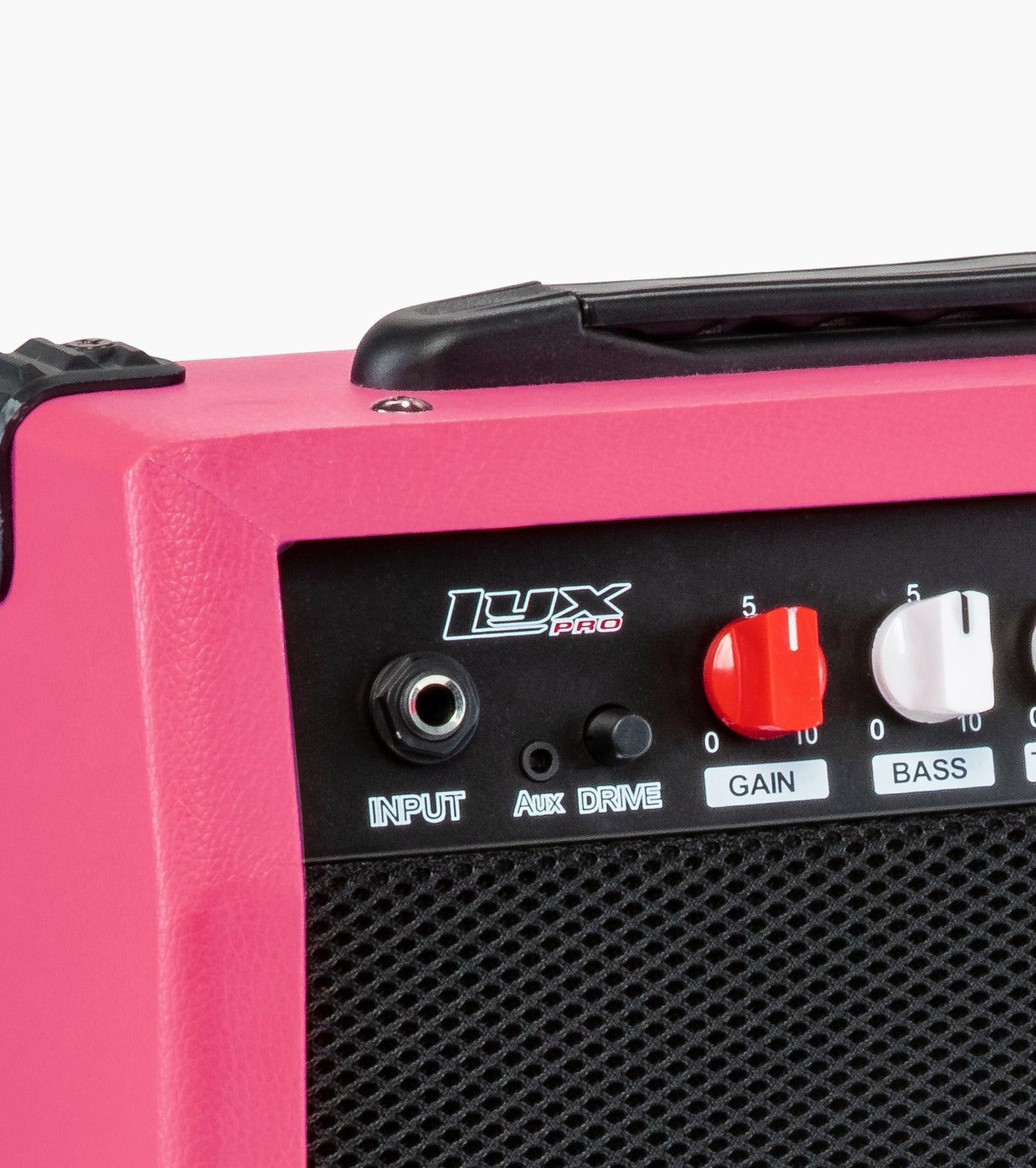 close-up of pink 20 watt electric guitar amplifier controls