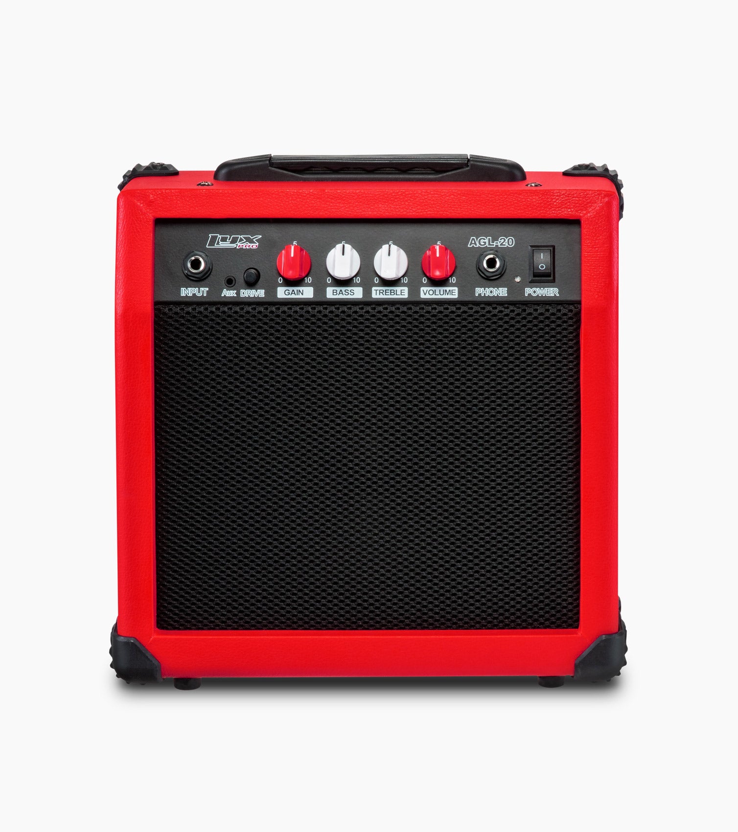  frontal view of red 20 watt electric guitar amplifier 