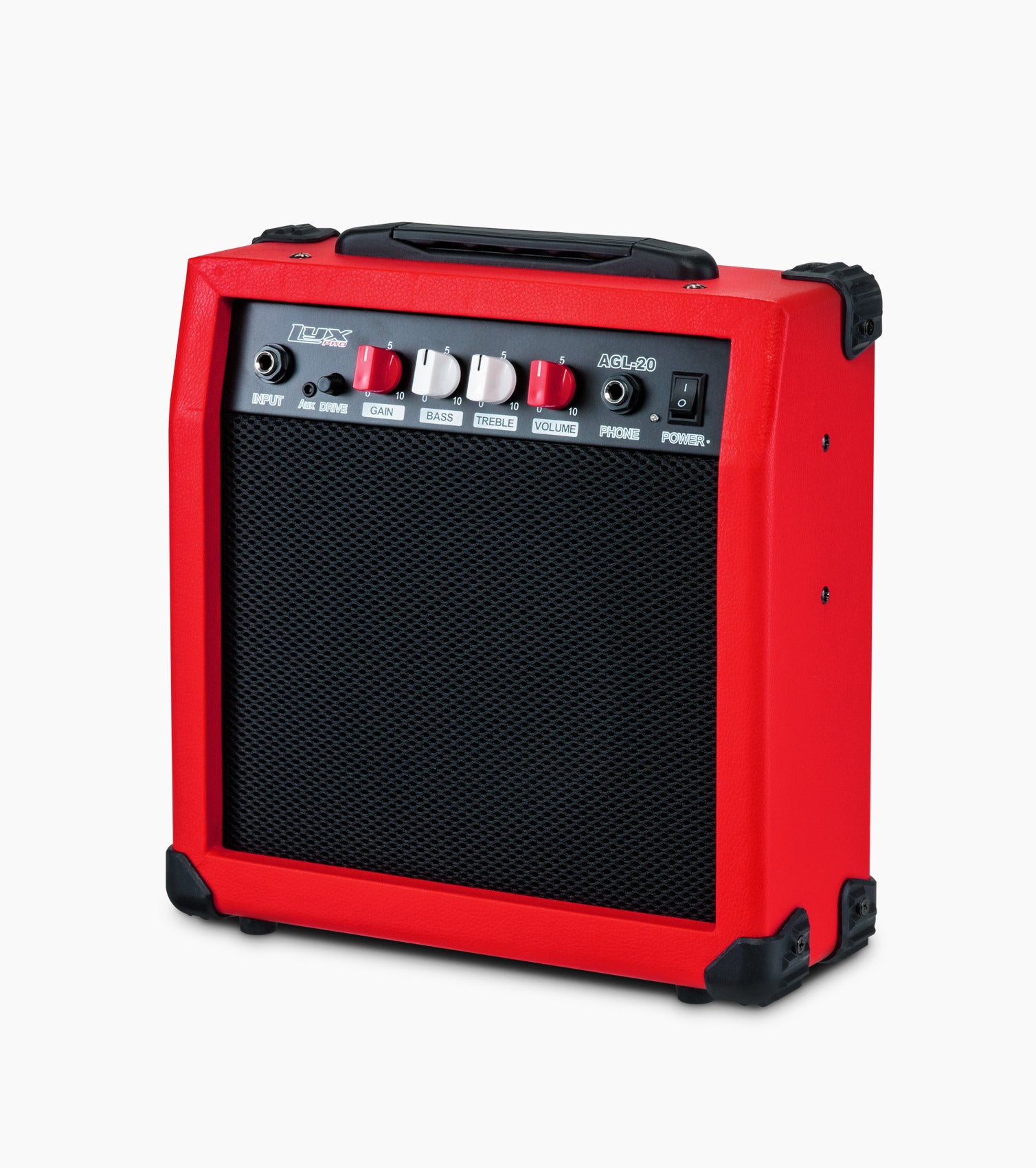 close-up of red 20 watt electric guitar amplifier controls