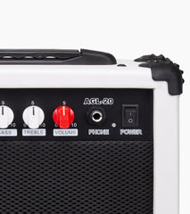 close-up of white 20 watt electric guitar amplifier controls 