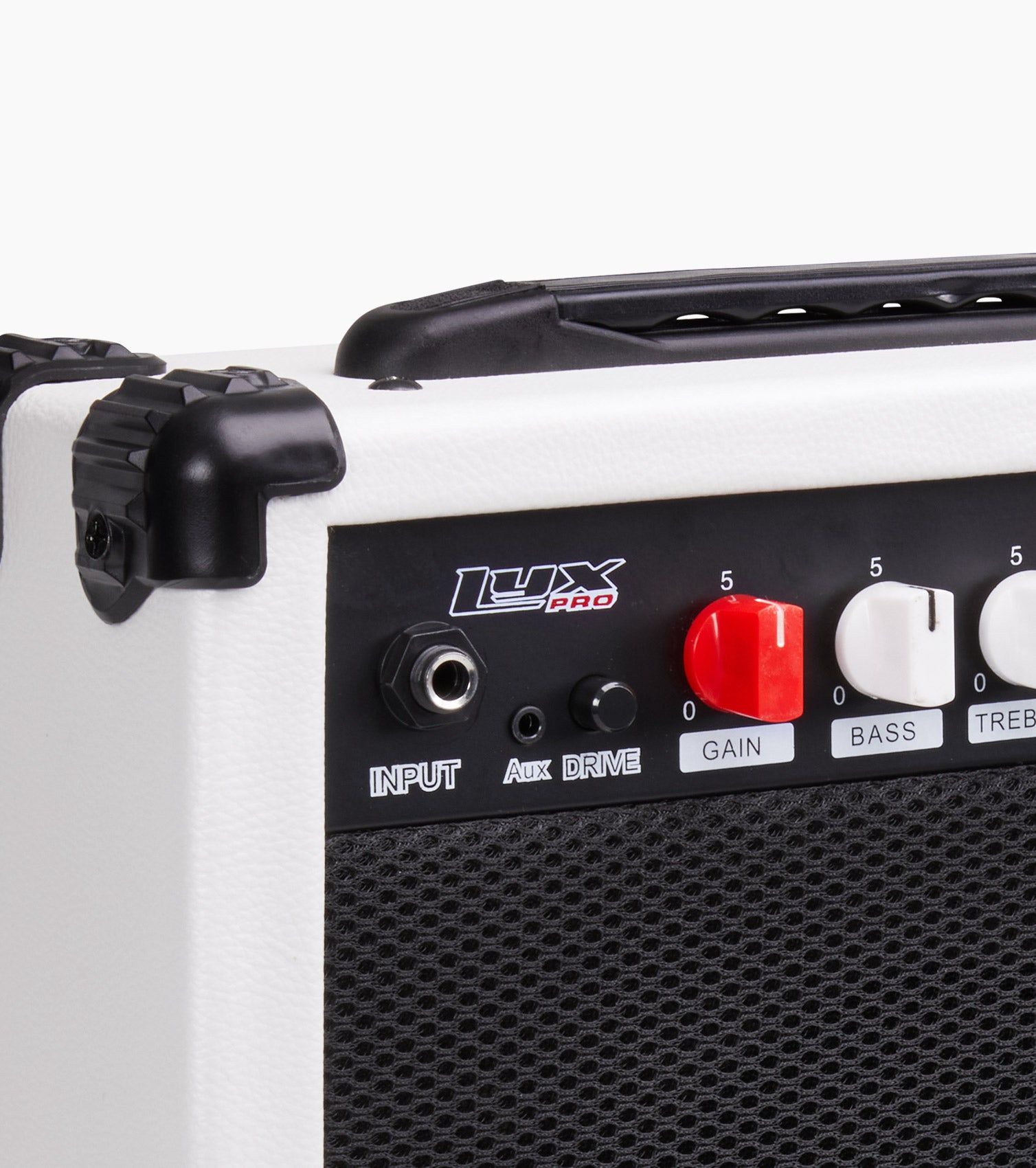 close-up of white 20 watt electric guitar amplifier controls