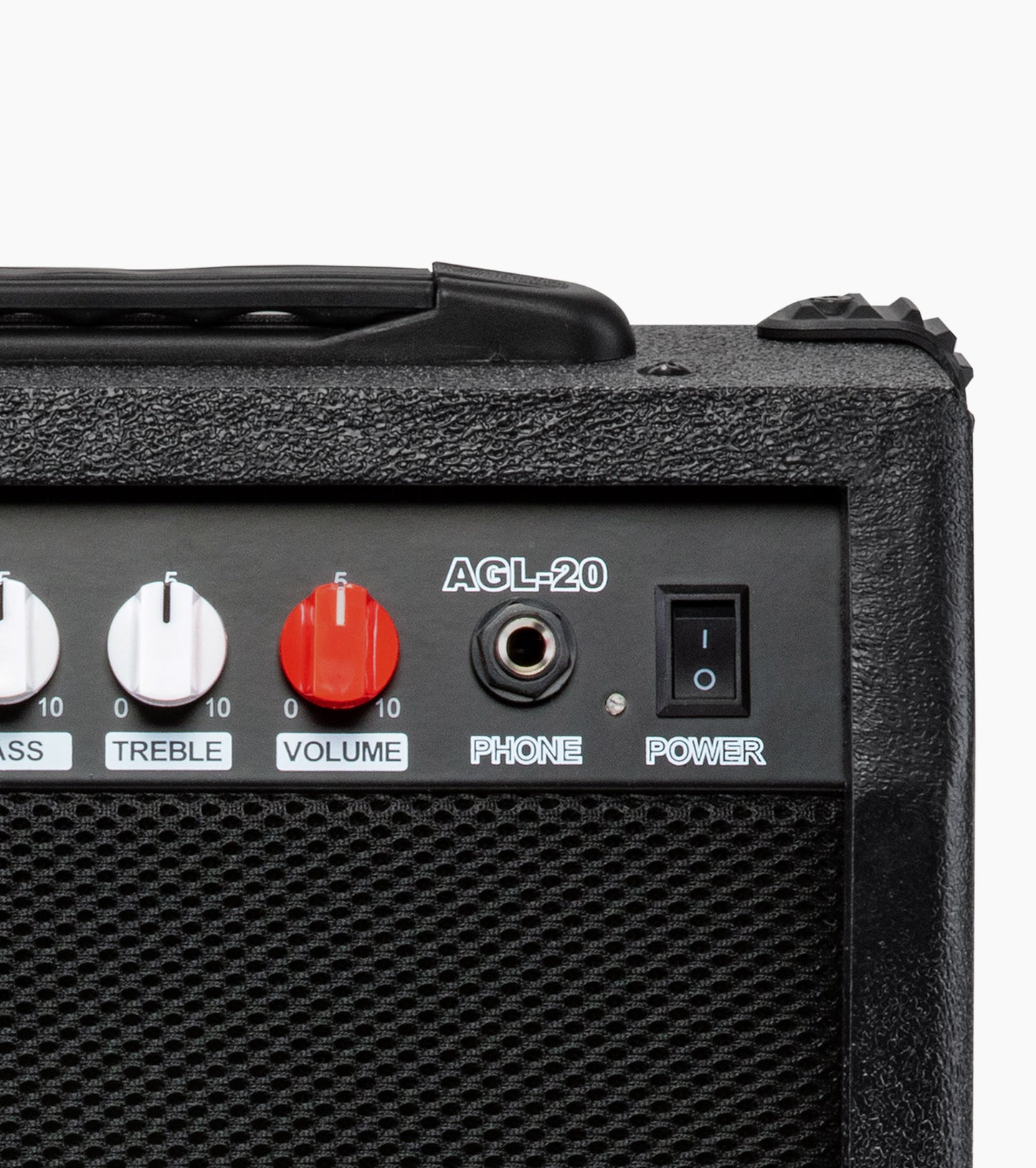 close-up of black 20 watt electric guitar amplifier controls