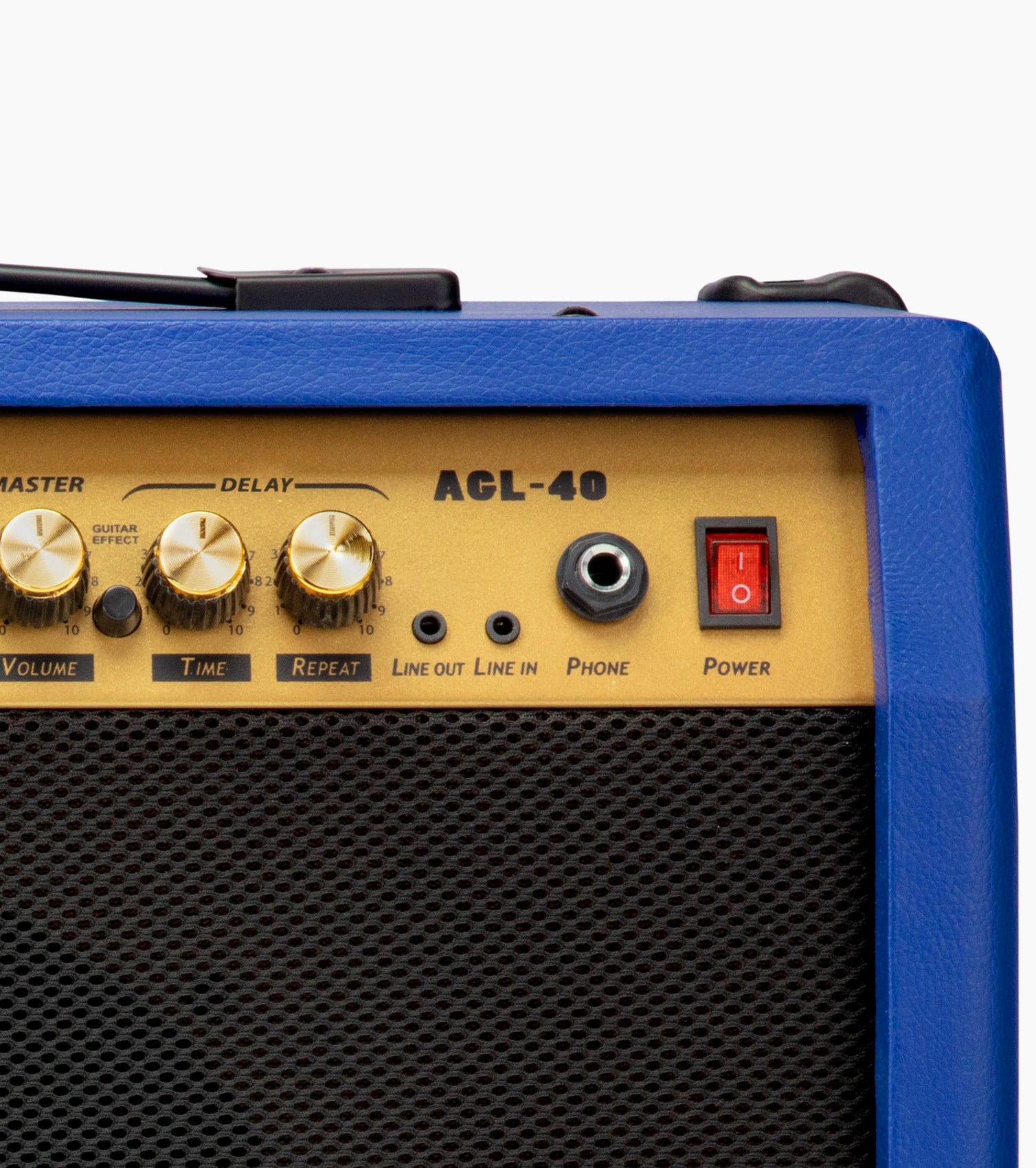 close-up of blue 40-watt mini guitar amplifier controls