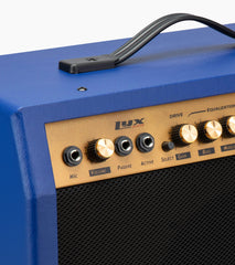 close-up of blue 40-watt mini guitar amplifier controls 