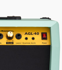  close-up of green 40-watt mini guitar amplifier controls 