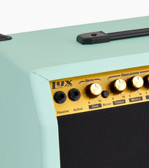 close-up of green 40-watt mini guitar amplifier controls 