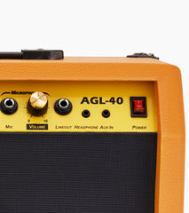 close-up of Mahogany 40-watt mini guitar amplifier controls