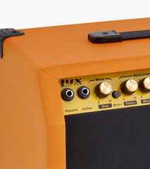 close-up of mahogany 40-watt mini guitar amplifier controls