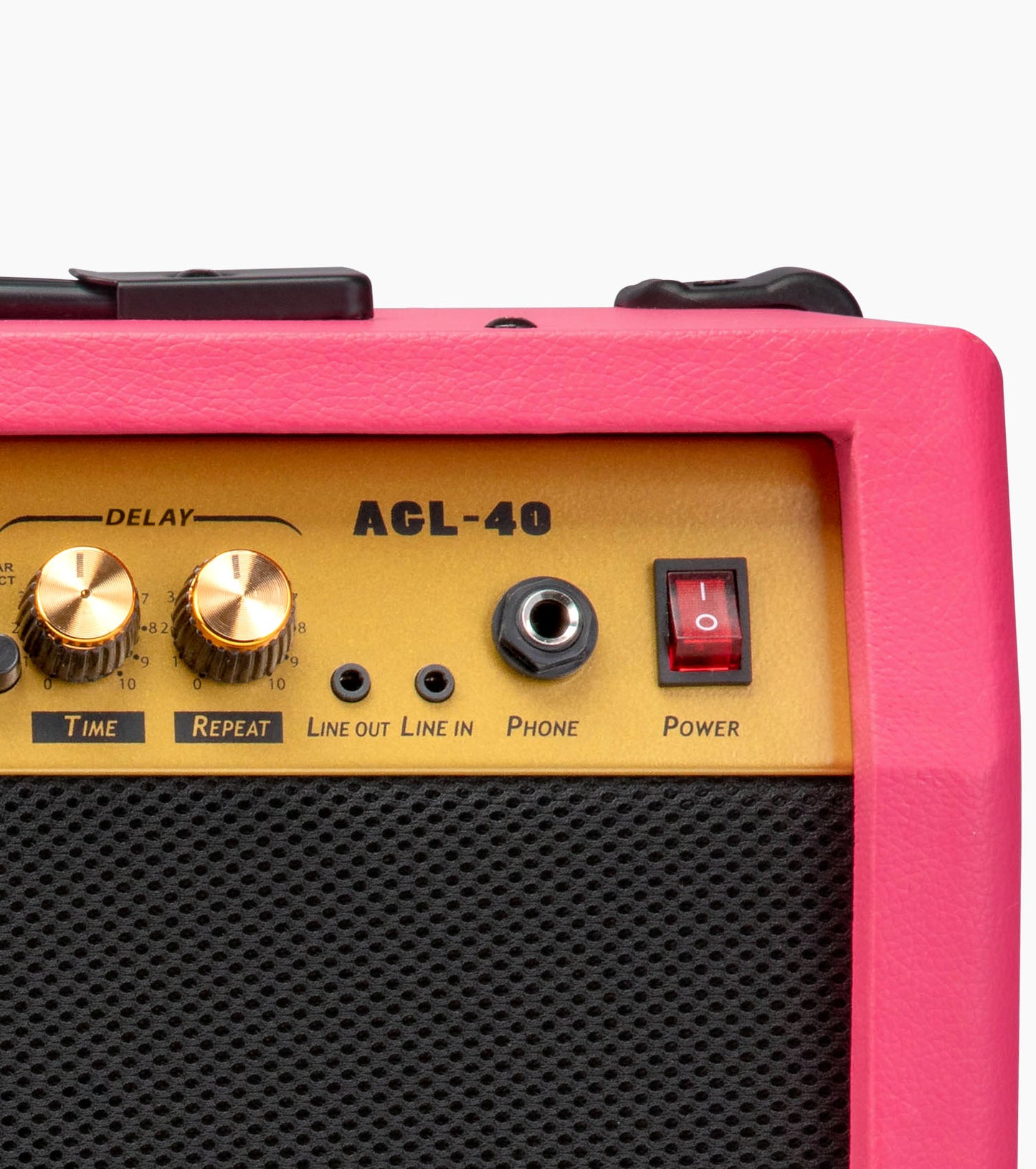 close-up of pink 40-watt mini guitar amplifier controls