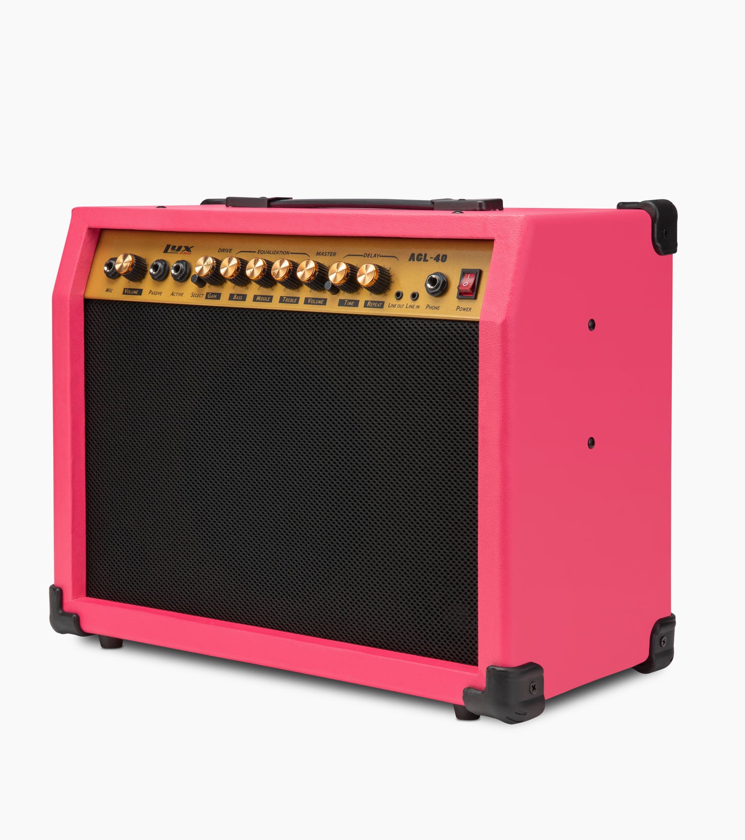 pink 40-watt mini guitar amplifier controls 