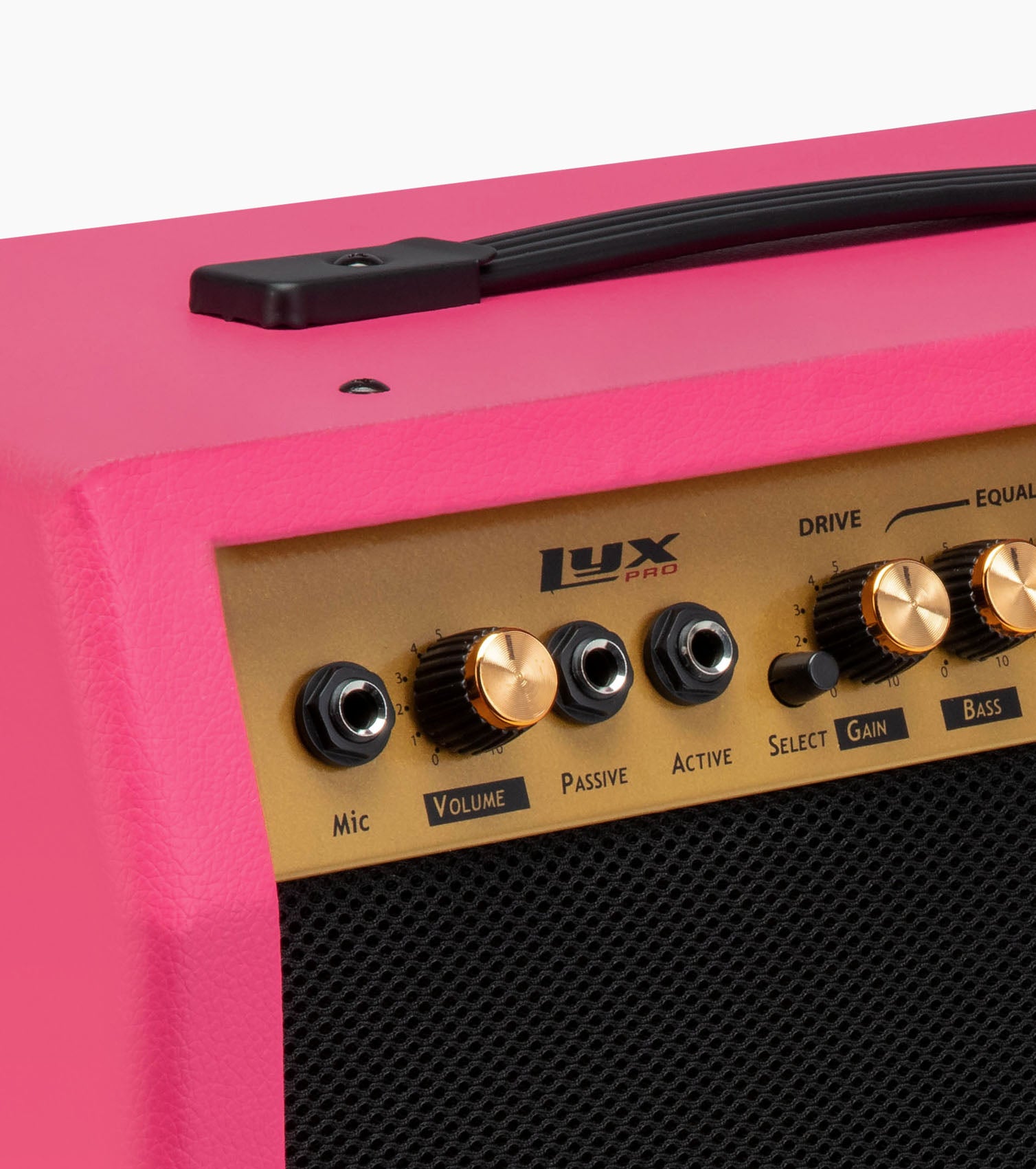 close-up of pink 40-watt mini guitar amplifier controls