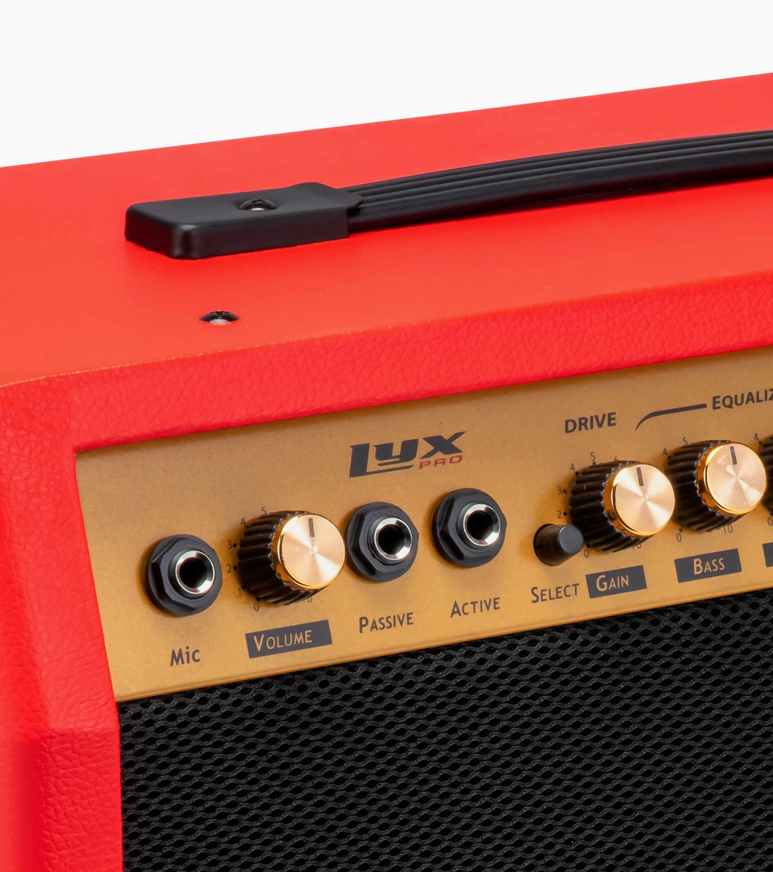 close-up of red 40-watt mini guitar amplifier controls 