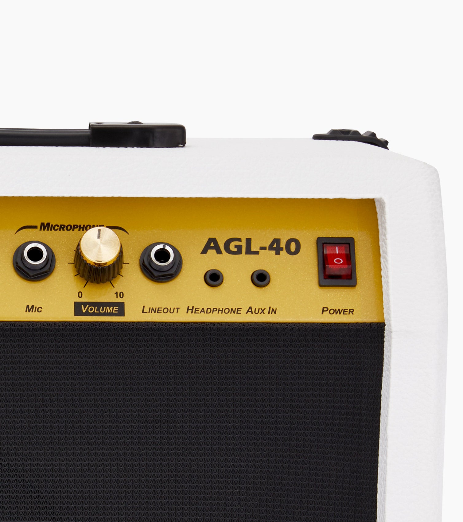  close-up of white 40-watt mini guitar amplifier controls 