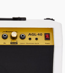  close-up of white 40-watt mini guitar amplifier controls 