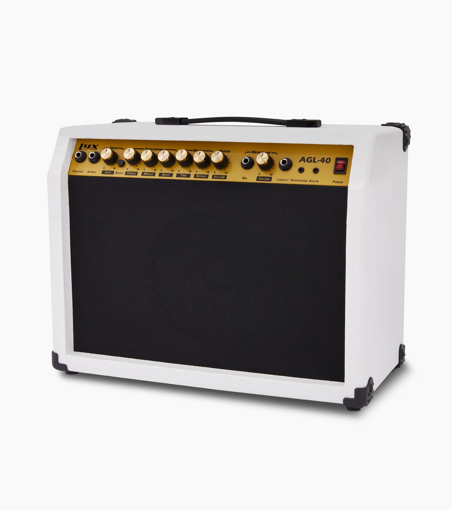 white 40-watt mini guitar amplifier controls 