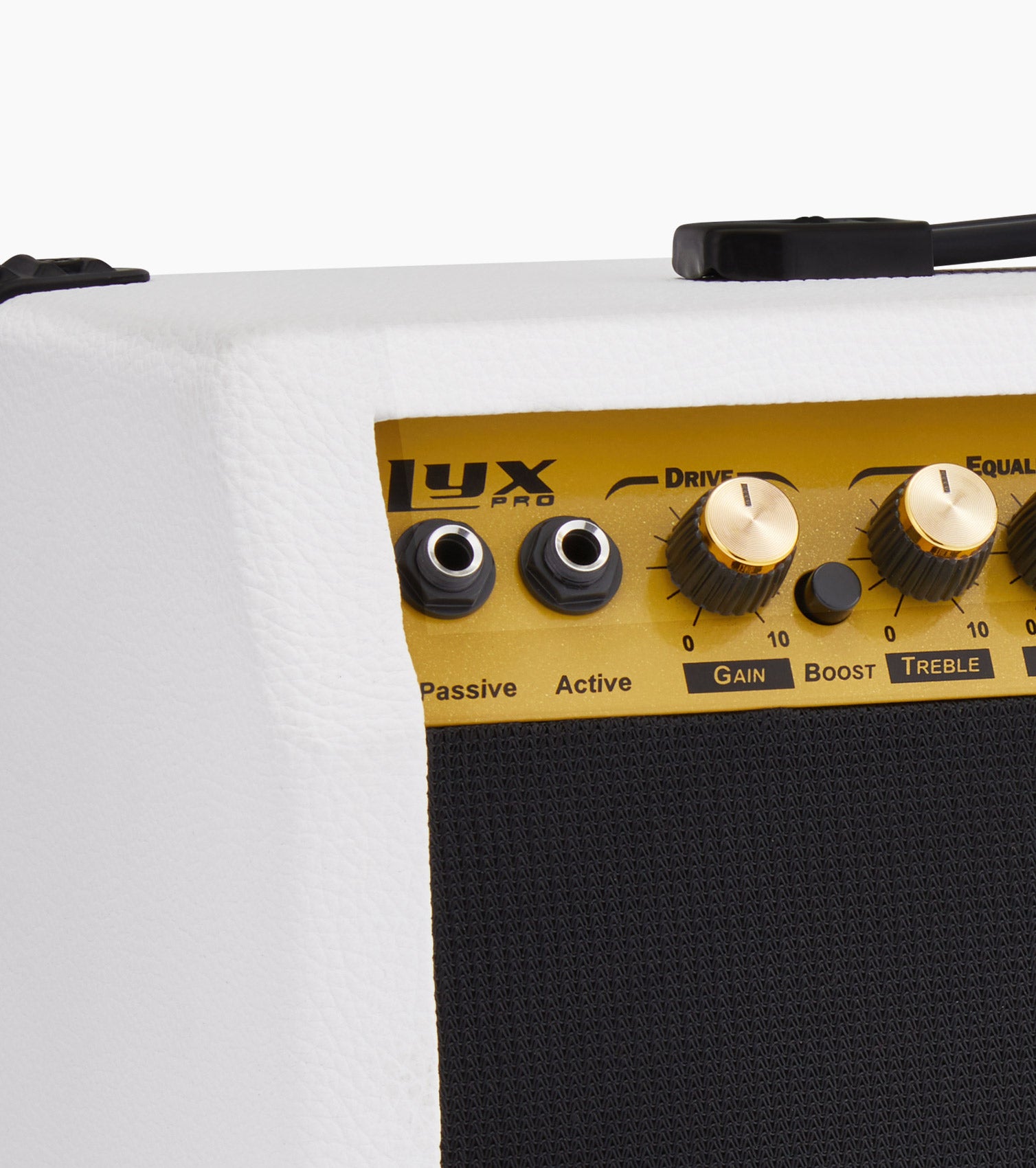 close-up of white 40-watt mini guitar amplifier controls