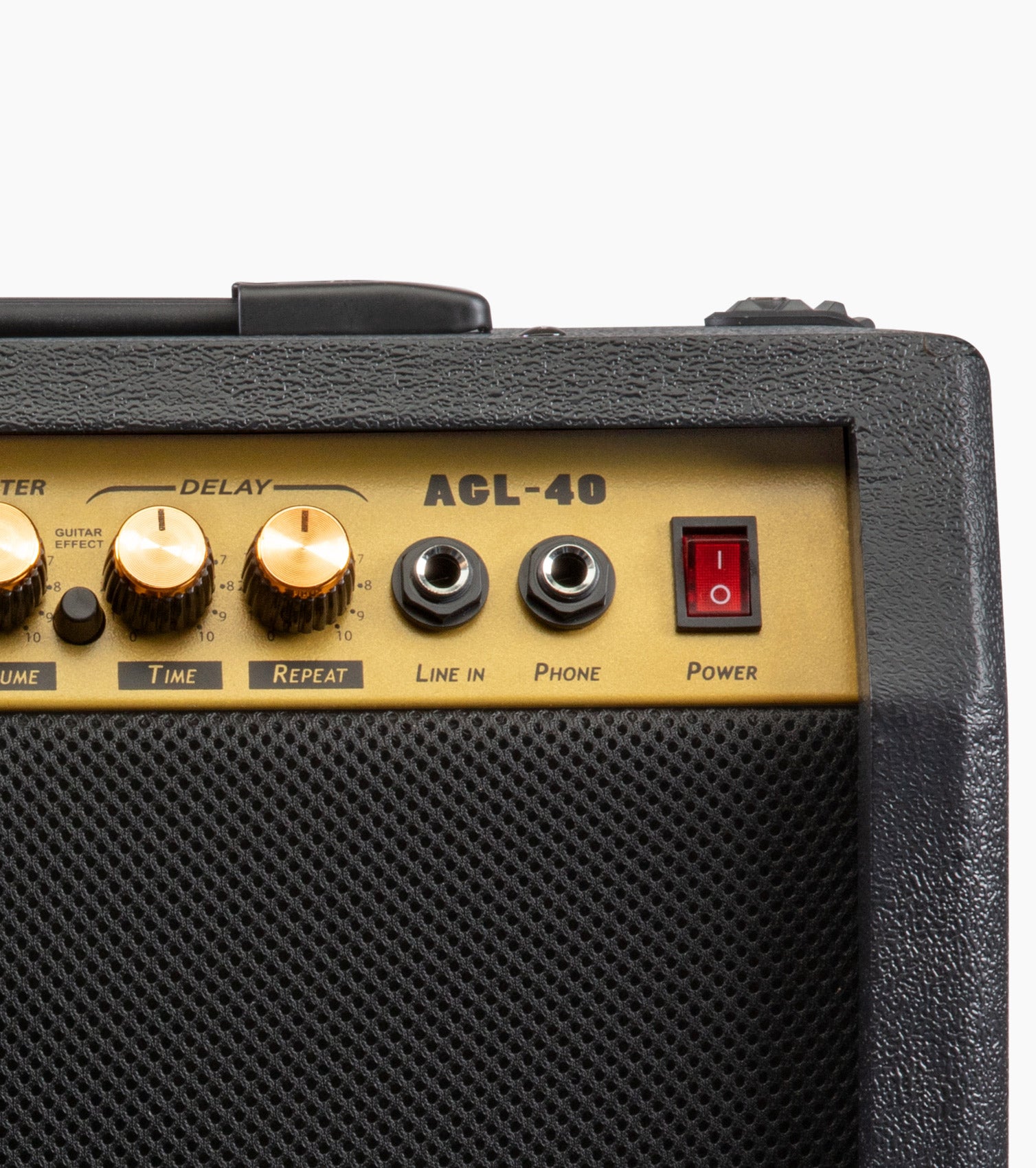 close-up of black 40-watt mini guitar amplifier controls 
