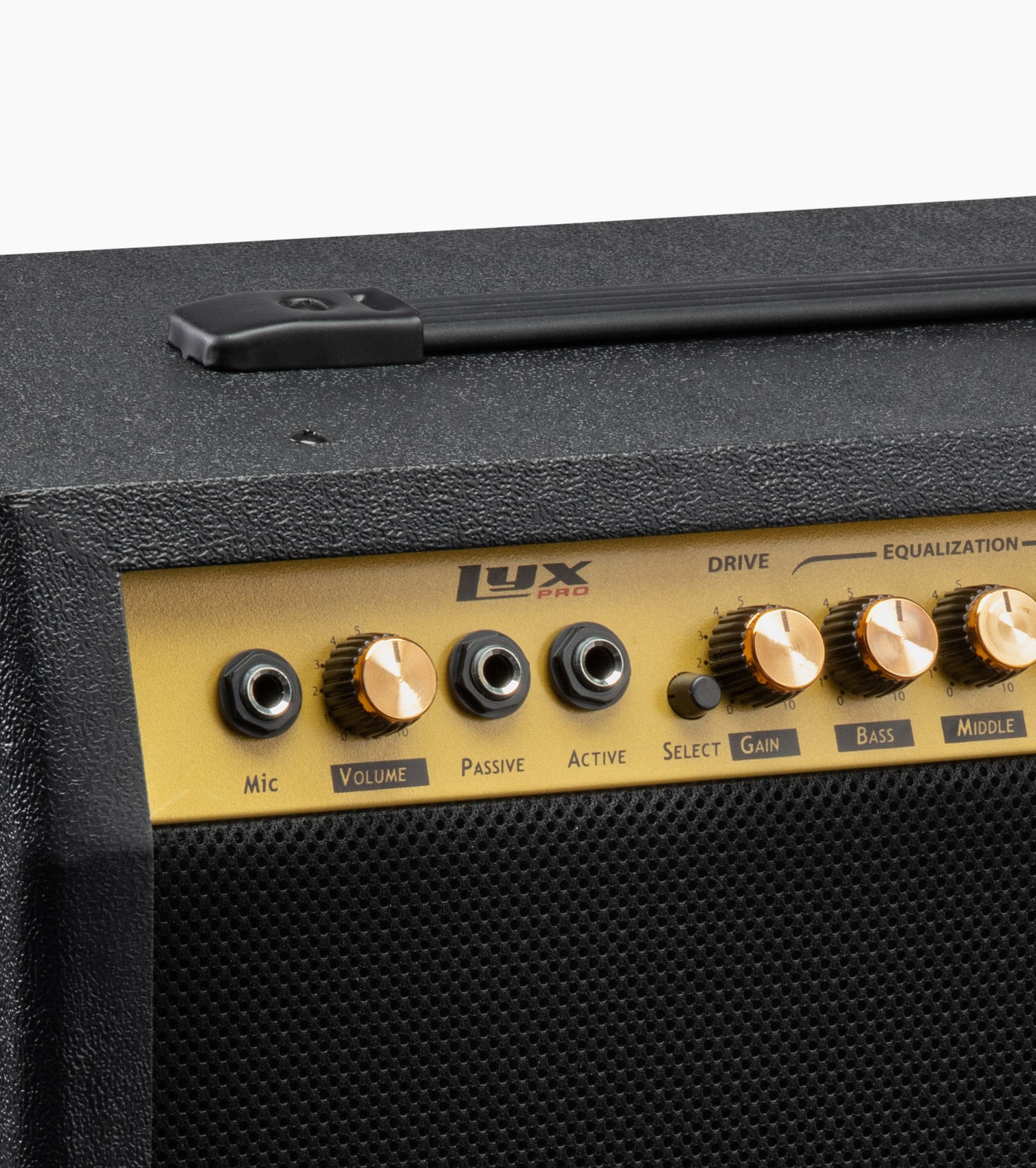 close-up of black 40-watt mini guitar amplifier controls