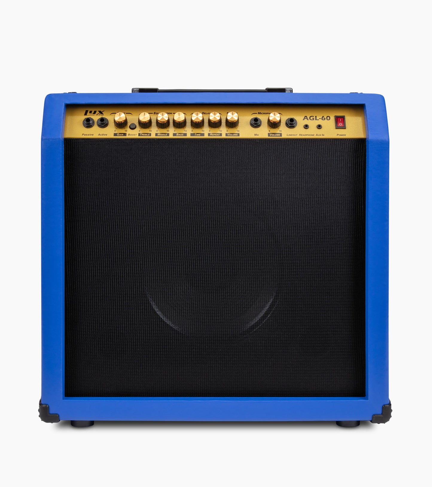 frontal view of blue 60-watt beginner guitar amp 