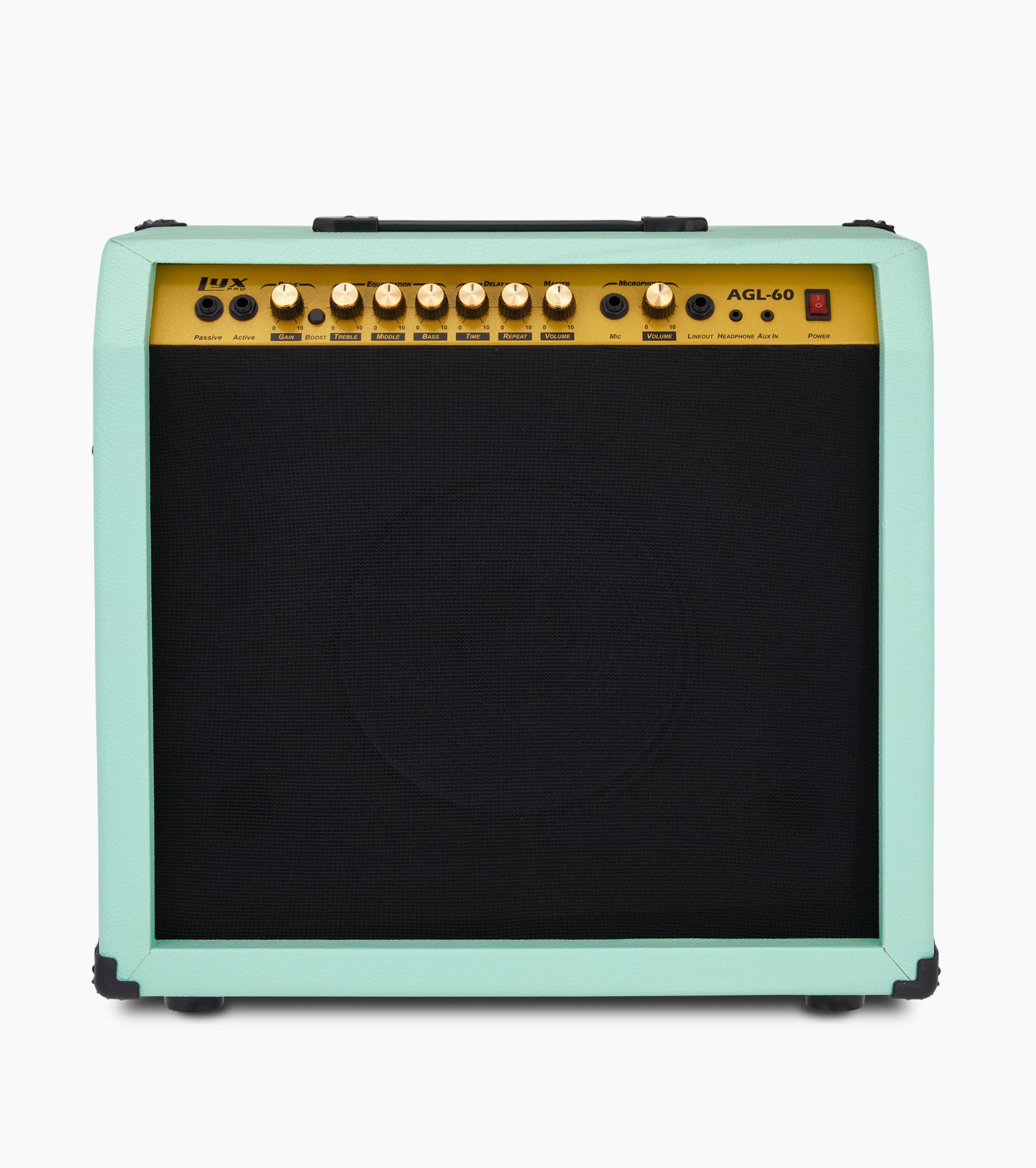 frontal view of green 60-watt beginner guitar amp