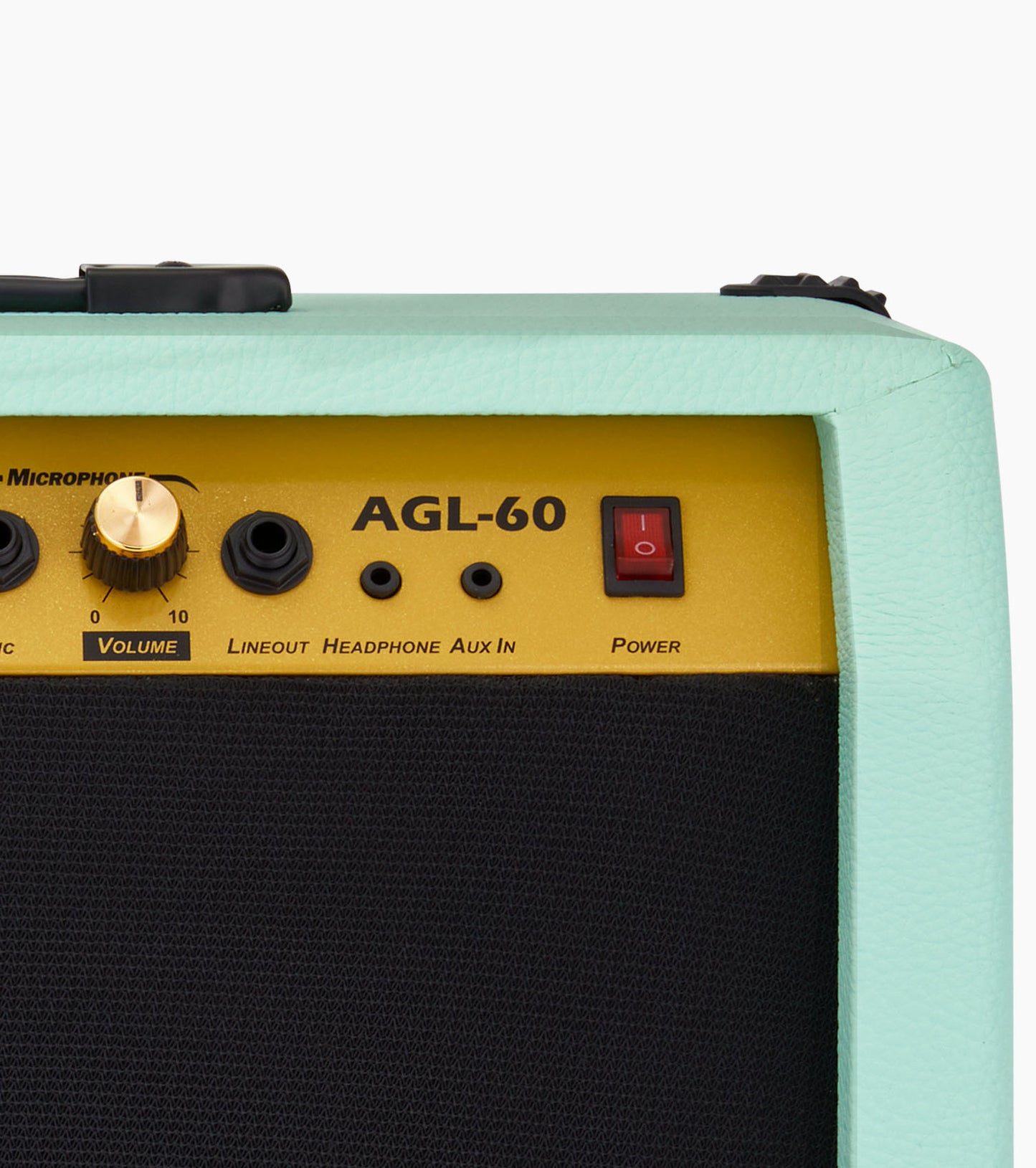 close-up of green 60-watt beginner guitar amp controls